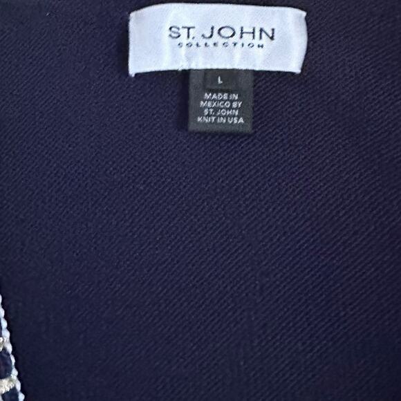 St. John Navy Blue Santana Knit Zip Cardigan Sweater L Metallic Trim  V-Neck - Picture 7 of 12